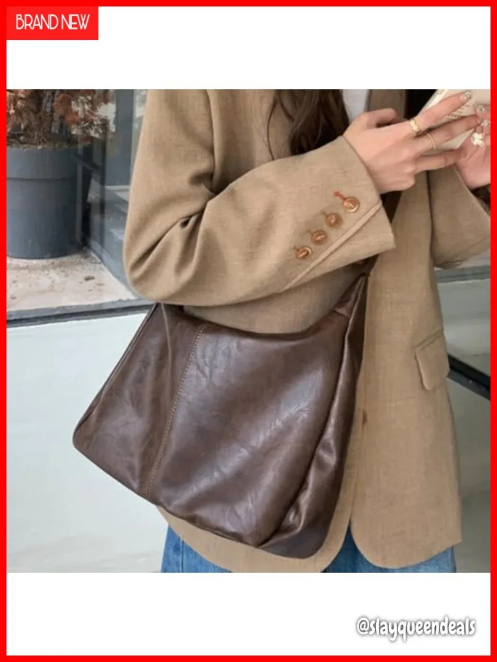 Slouchy Hobo Shoulder Bag PU Leather Crossbody Adjustable Strap Everyday Purse